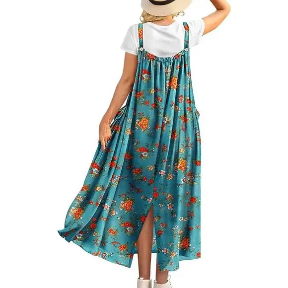 Women’s Boho Floral Maxi Overall Dress Cotton Rayon Casual Jumper w Pockets L - Picture 5 of 8